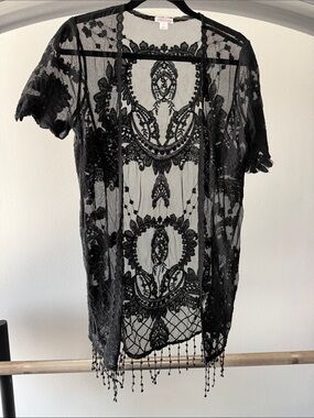 Xhilaration Black Sheer Embroidered Beaded Kimono